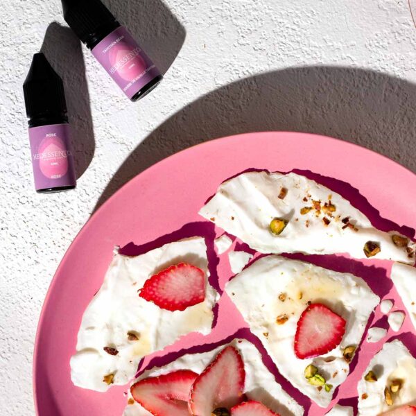 High Protein low sugar Strawberry Yogurt Bark on plate with flavours