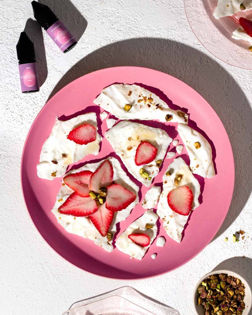 Strawberry Yogurt Bark on plate with flavours